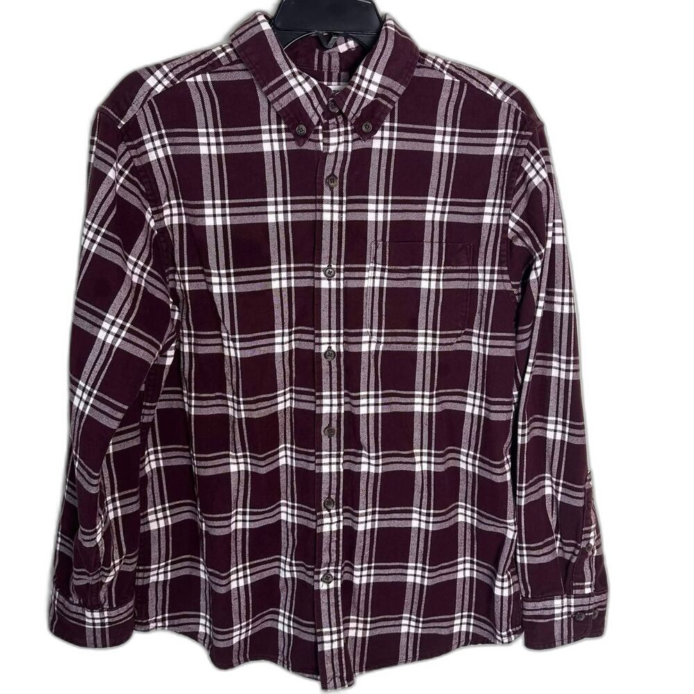 Lands' End Men's Traditional Fit Maroon Plaid Flannel Button-Down Shirt Size M